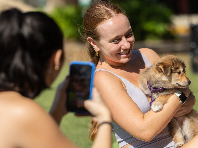 Marketing attendant student takes a photo of a female student holding a puppy.