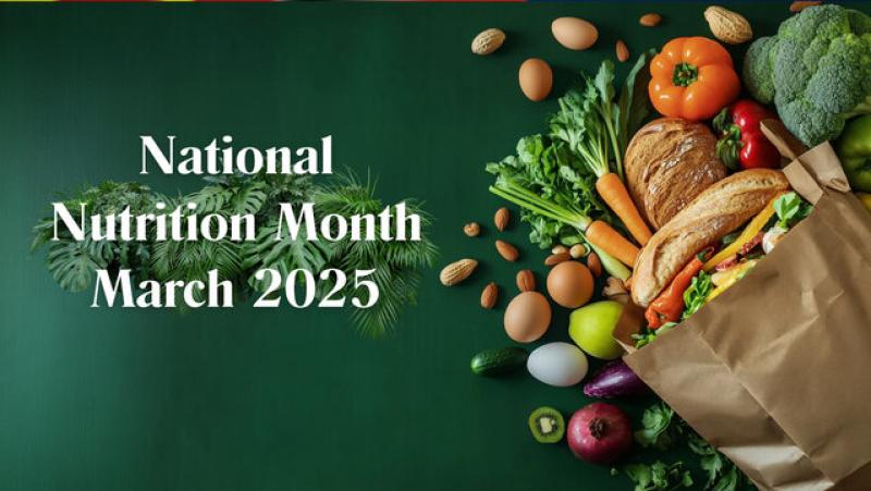 National Nutrition Month March 2025. A paper bag of assorted fruits and vegetables. National Nutrition Month March 2025. A paper bag of assorted fruits and vegetables.
